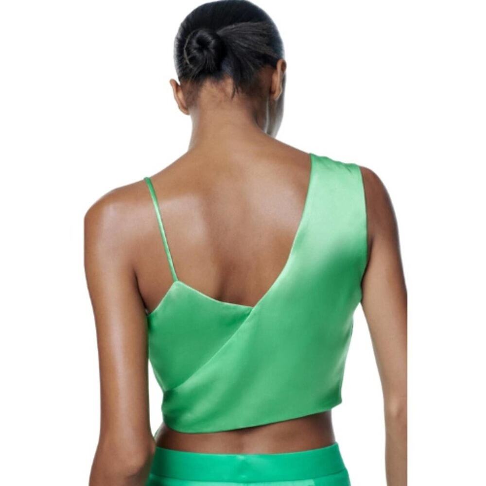Zara Satin Asymmetric Top Intense Green NWT Size XS - Picture 2 of 5